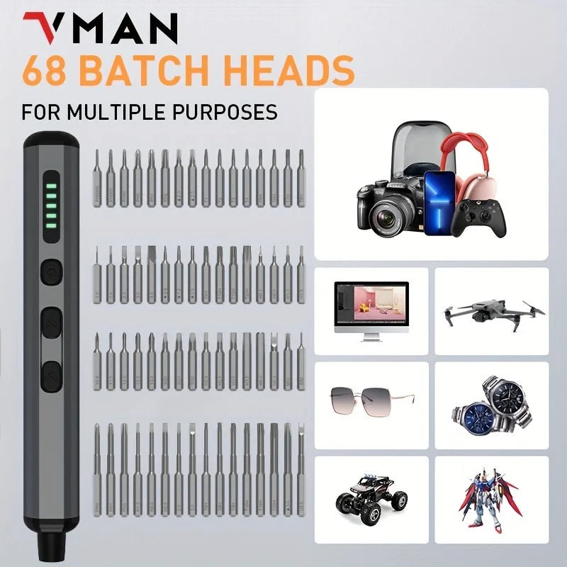 68 in 1 Precision Electric Screwdriver Set with Magnetic Bits & LED for PC & Watch Repair