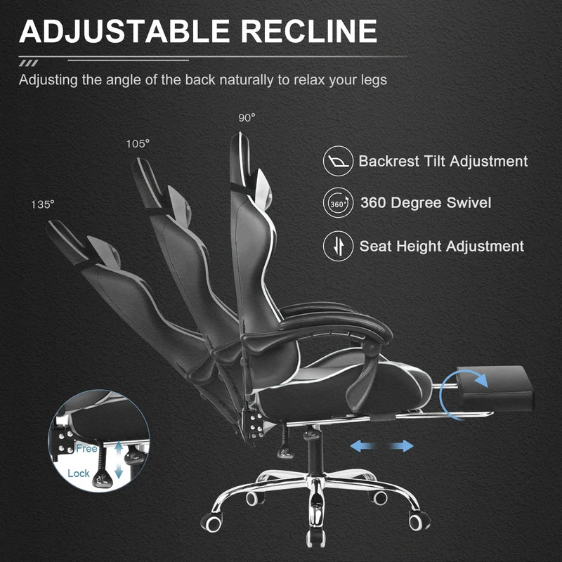 Gaming Chair with Footrest, Lumbar Support, Adjustable Height & Swivel Seat