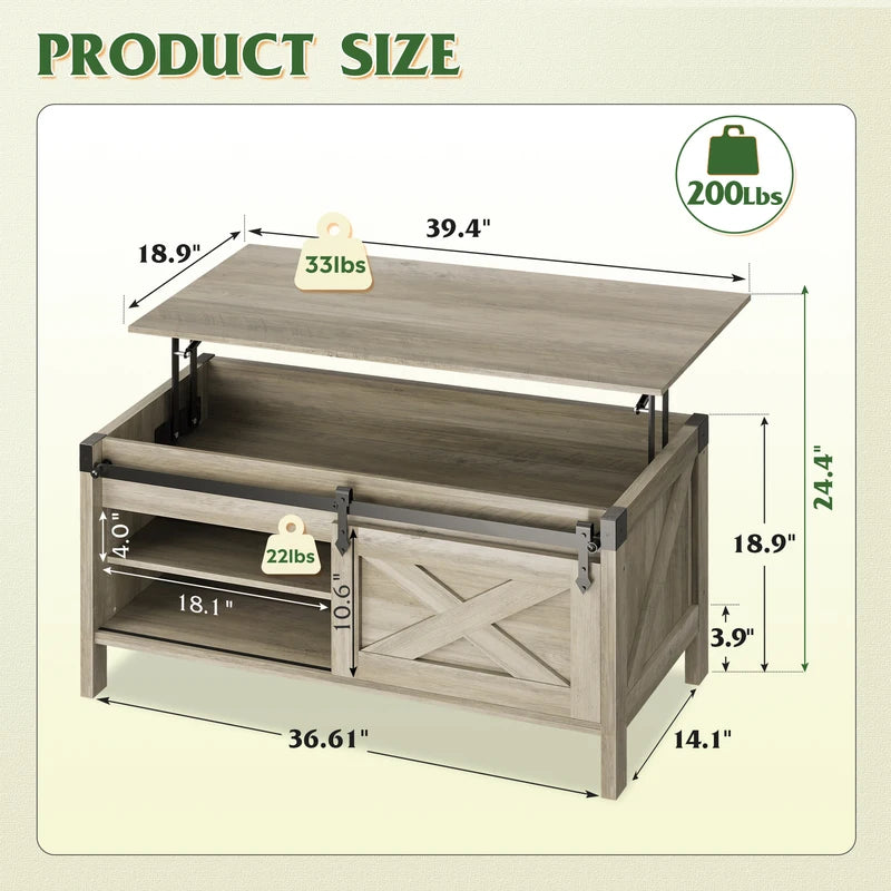 Lift Top Coffee Table with Hidden Storage and Sliding Barn Door - Modern Living Room Center Table