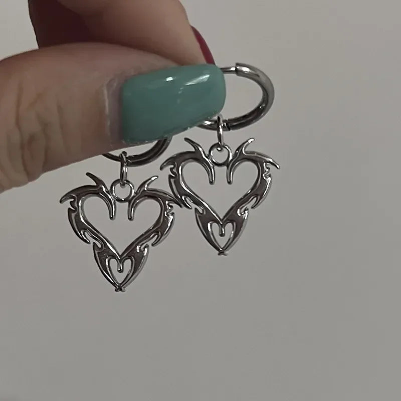 Y2K Punk Earrings Set with Star Heart Spiral Charms - Silver Tone, Multiple Colors