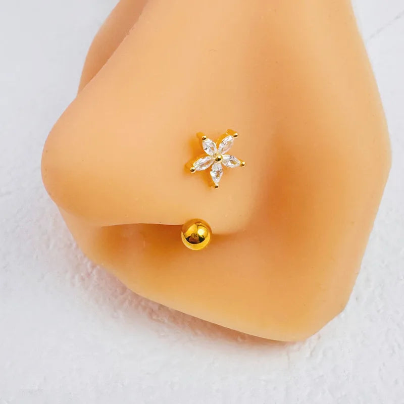 Zircon Flower-Shaped Nose Ring - 14K Gold Plated Stainless Steel Piercing Jewelry for Women