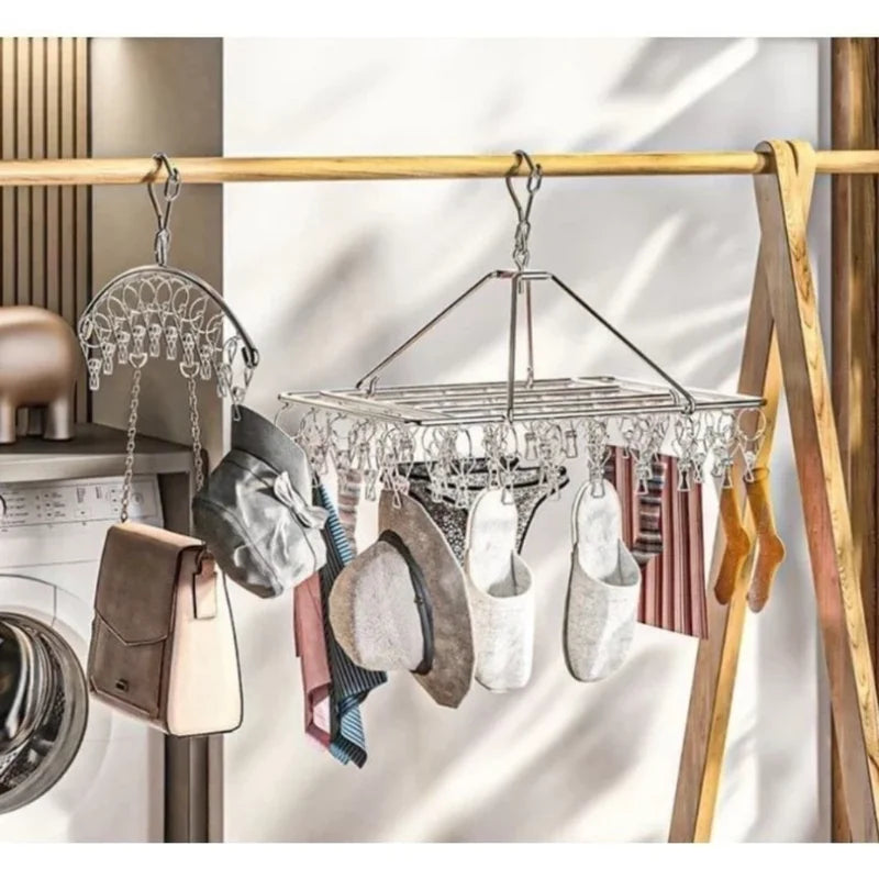 Stainless Steel Folding Clothesline with Clamps - Portable Laundry Line for Indoor & Outdoor Use