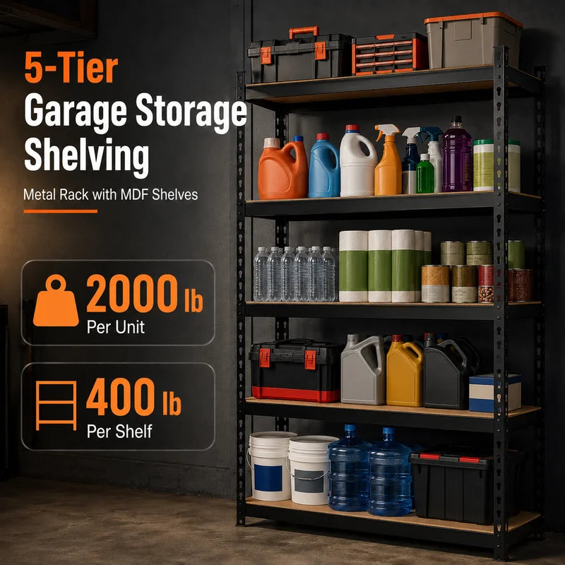 5-Tier Metal Garage Storage Shelving Unit with MDF Shelves - Heavy Duty Black & Green Options, 27.6W x 11.8D x 59.8H
