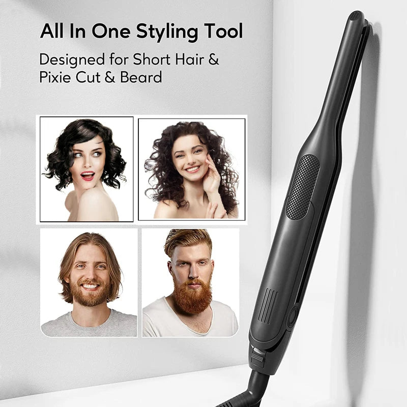 Mini 2-in-1 Hair Curler and Flat Iron with Titanium Plate, LED Display, Compact for Short Hair & Beard Styling