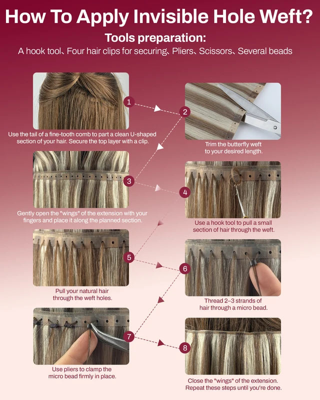 Human Hair Weft Extensions - Invisible PU Hole, Soft & Natural Look, 50G
