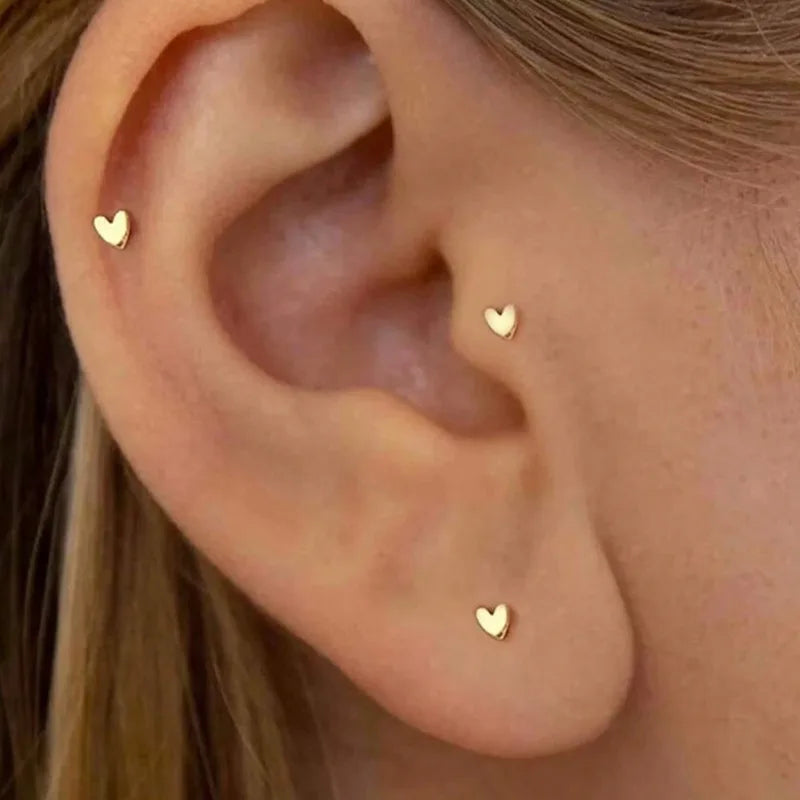 3-Piece Butterfly Back Stud Earrings for Women - Minimalist Heart Jewelry, 14K Gold Plated Silver Color