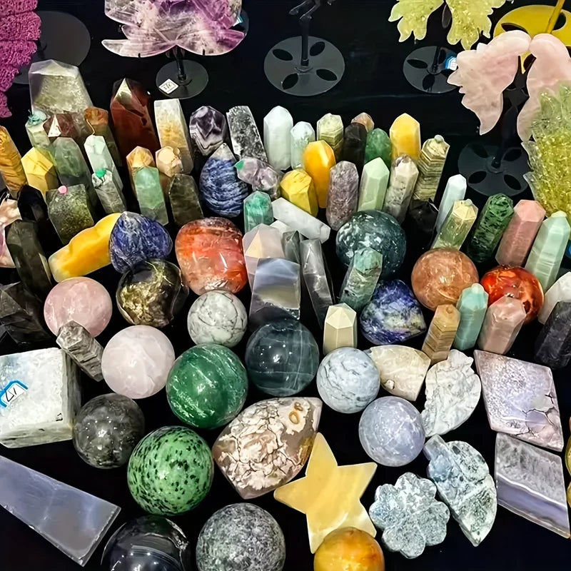 Crystal Gift Box with Mixed Raw Stones - Tower, Sphere, Carving, Bracelets & Home Decor