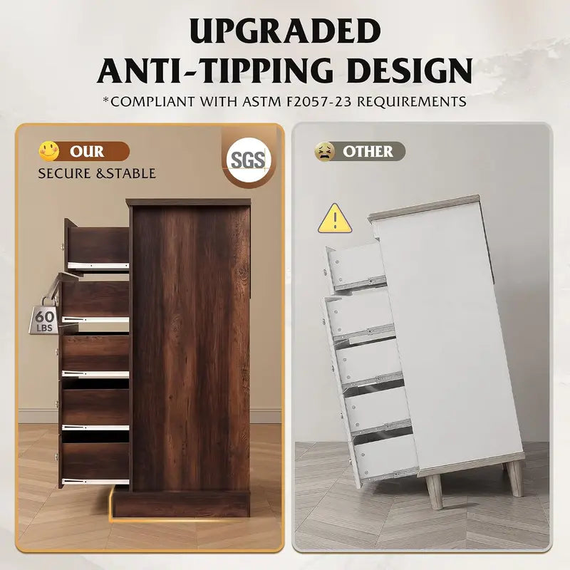 5-Drawer Dresser with Anti-Tip Safety - 45 Inch Modern Rustic Bedroom Storage