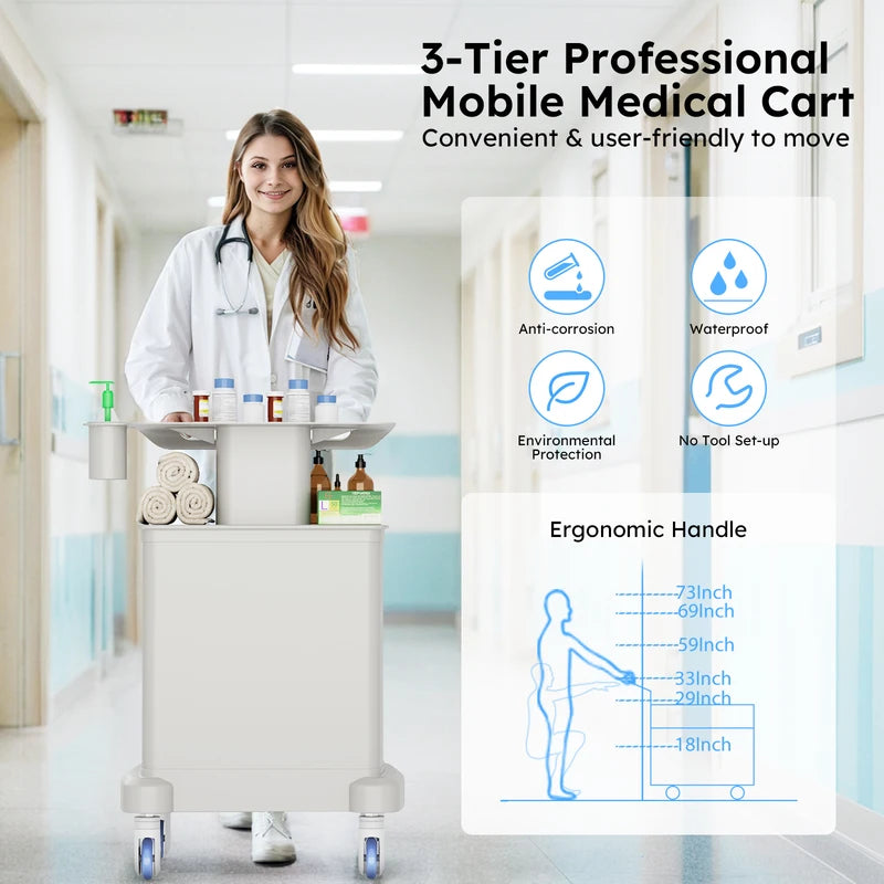 Medical Mobile Ultrasound Trolley Cart with 4 Wheels, 110LBS Capacity, Storage & Organizer