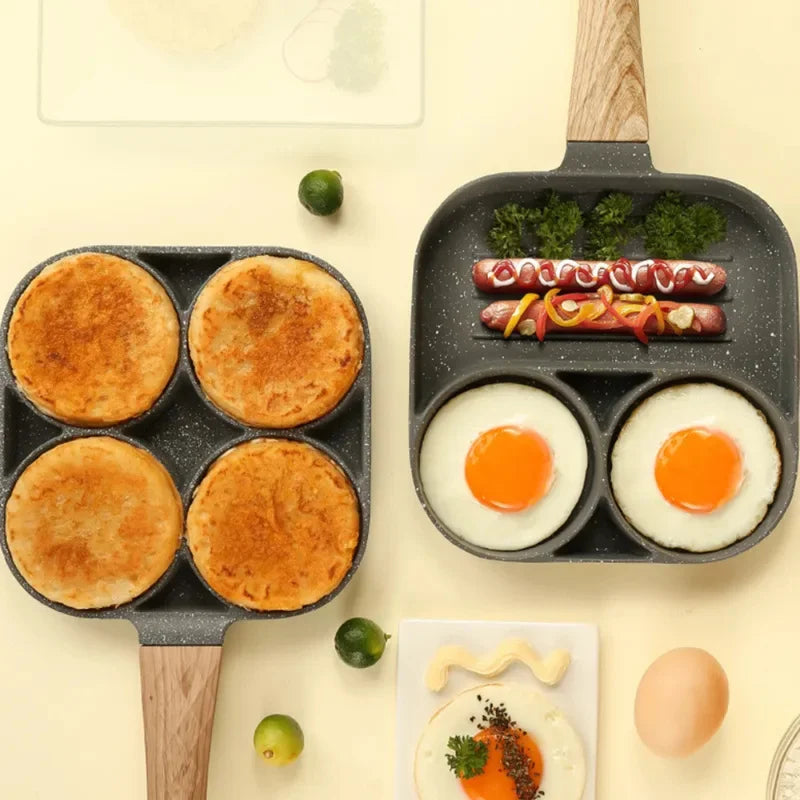 Nonstick Multi-Partition Frying Pan for Eggs, Bacon & Meat - Aluminum, Wooden Handle
