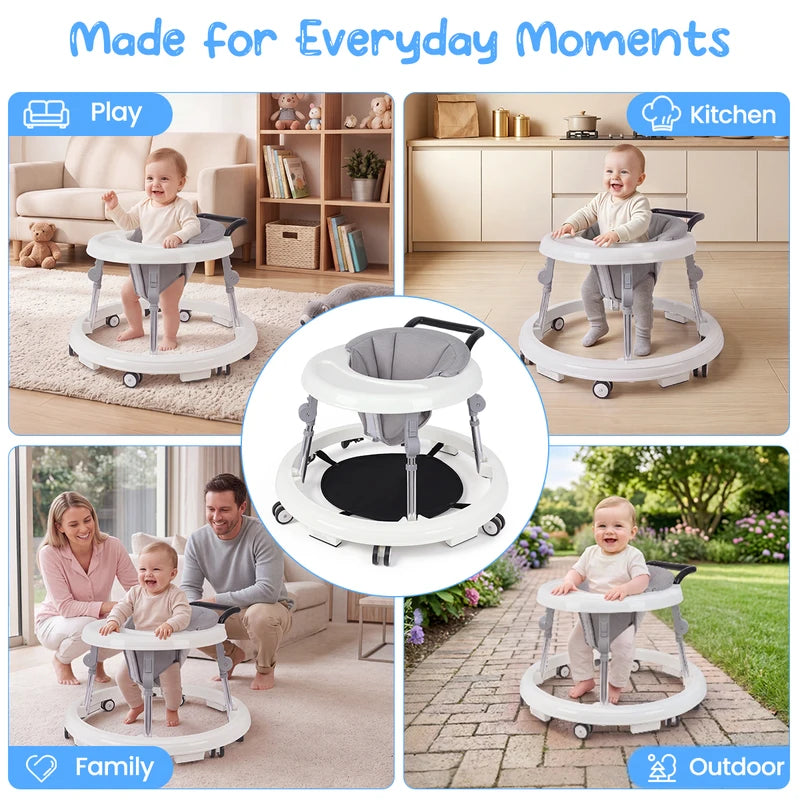 Foldable Baby Walker with Anti-Rollover Safety Base & Adjustable Support Legs