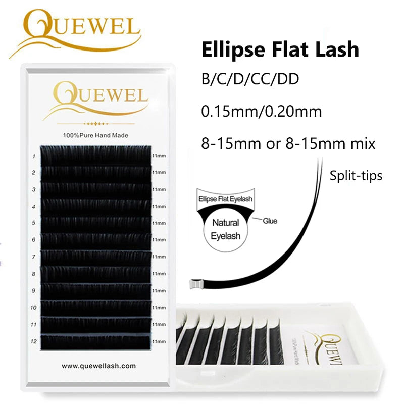 Flat Lash Extensions for Professionals - Ellipse Flat C/D Curl, 0.15/0.20mm, 17mm & More