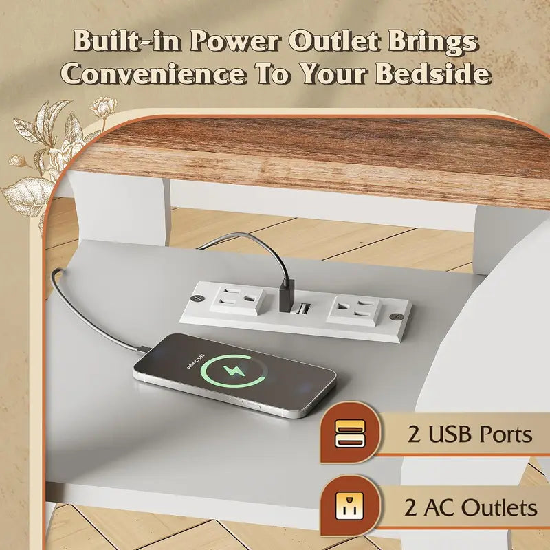 Modern End Tables Set of 2 with Charging Station - Nightstand with USB Ports and Storage Shelf