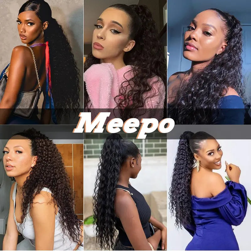 Deep Wave Drawstring Ponytail Extensions 100% Human Hair Natural Black