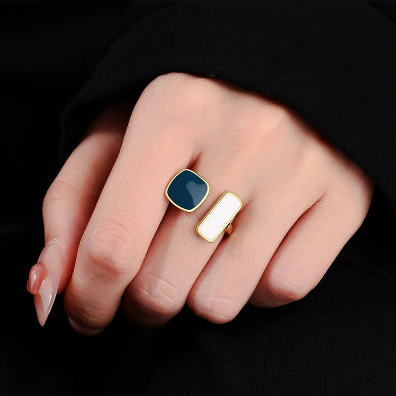 Geometric Open Ring for Women - Adjustable Silver & Black/White Epoxy Jewelry