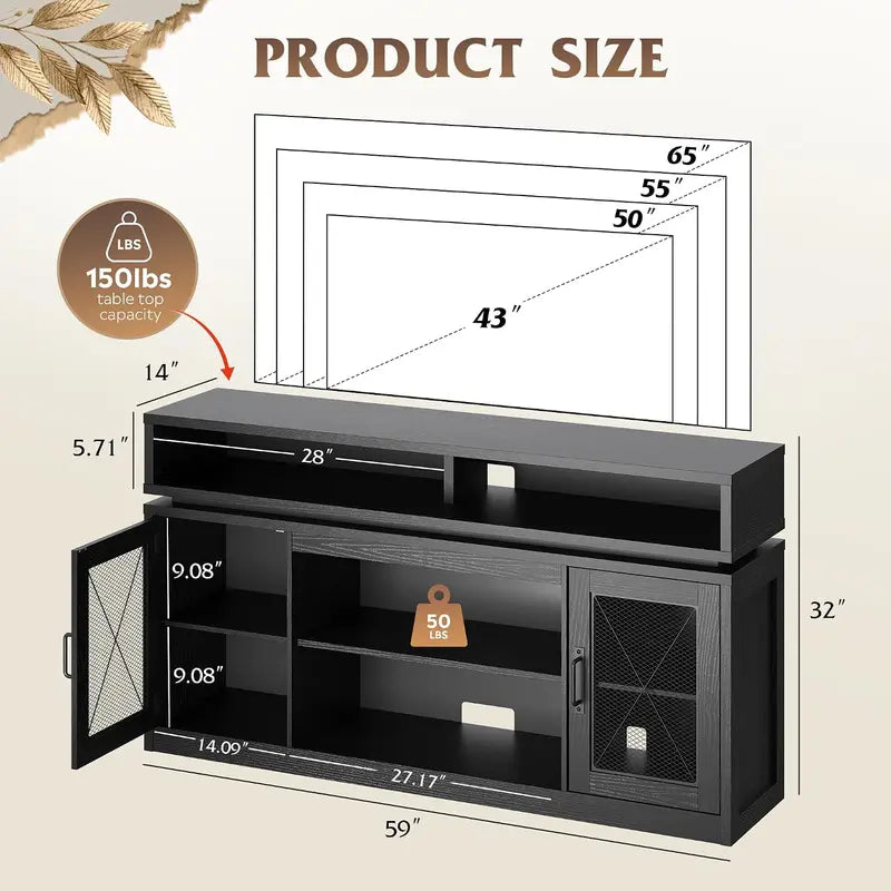 Farmhouse TV Stand for 65-Inch TVs with LED Lighting, Black Storage Console