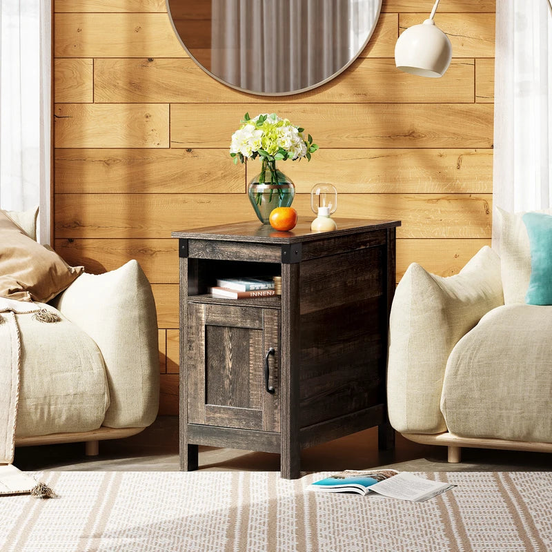 End Table with Charging Station - Narrow Wooden Side Table with USB Ports & Storage