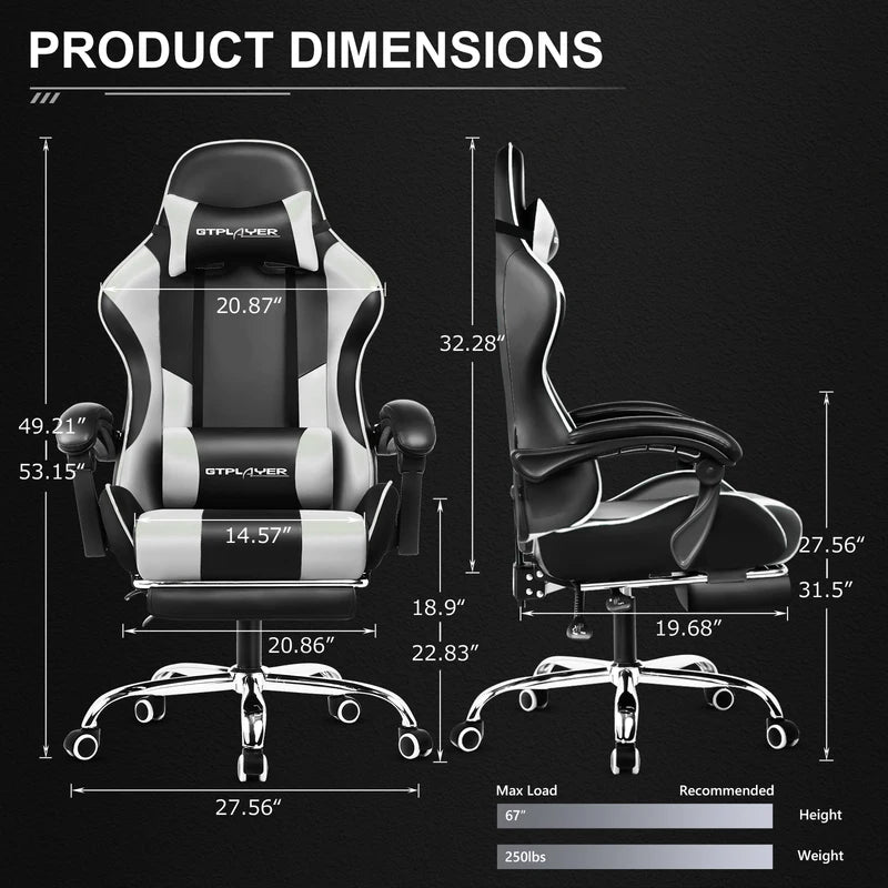 Gaming Chair with Footrest, Lumbar Support, Adjustable Height & Swivel Seat