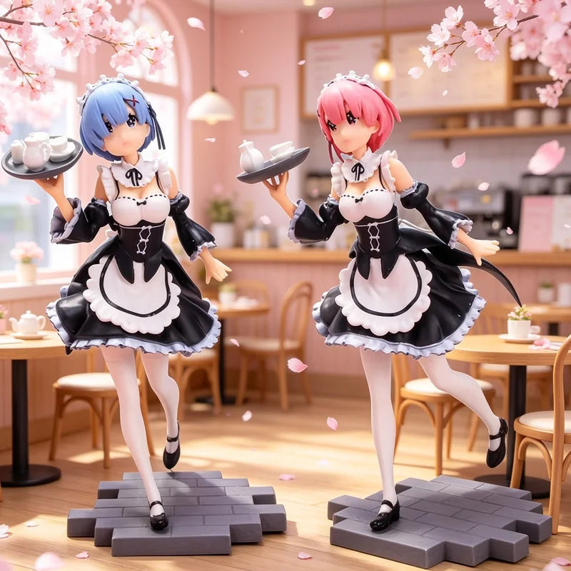 Re:Zero Rem & Ram Figure Set - Maid Costume with Tray, Standing Collectible Models