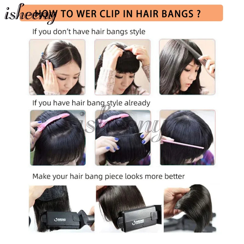 Human Hair Clip-In Bangs Set - Natural Blunt Cut Hair Extensions, Multiple Colors