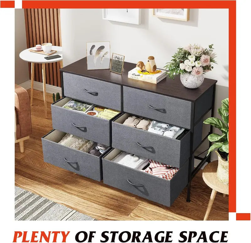 Bedroom Dresser with 6 Fabric Drawers, Dark Grey Storage Cabinet