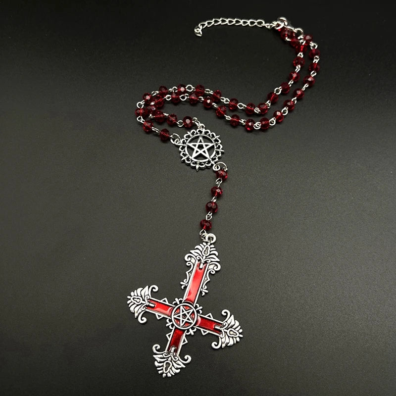 Gothic Pentagram Inverted Cross Rosary Satanic Devil Necklace Handmade Jewelry