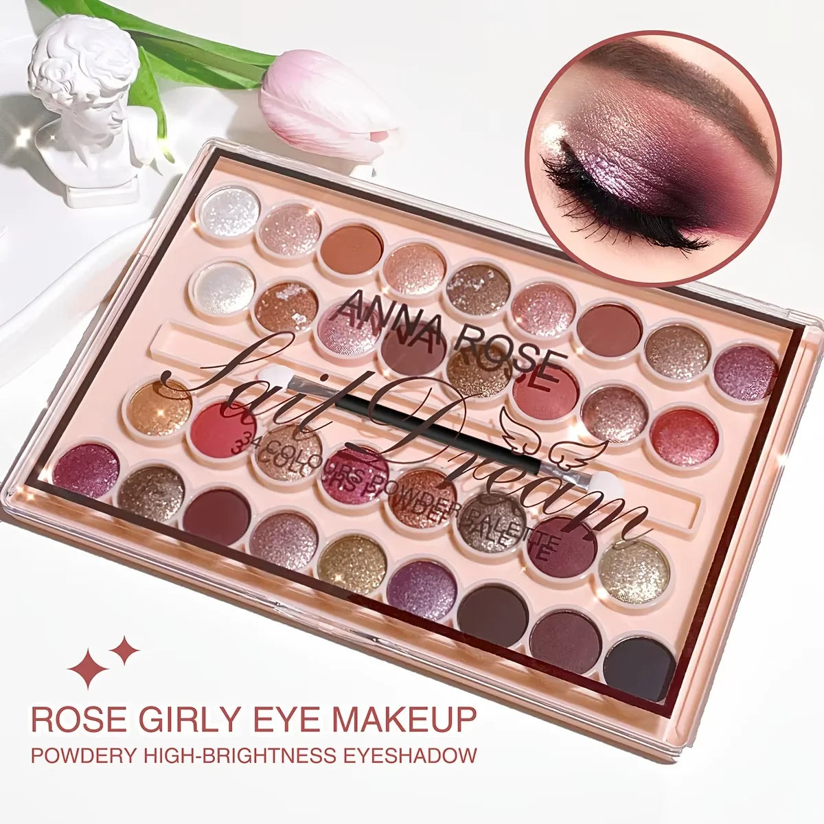 38-Color Eyeshadow Palette with Brush - Waterproof Matte & Shimmer Finishes, Coral & Nude Tones