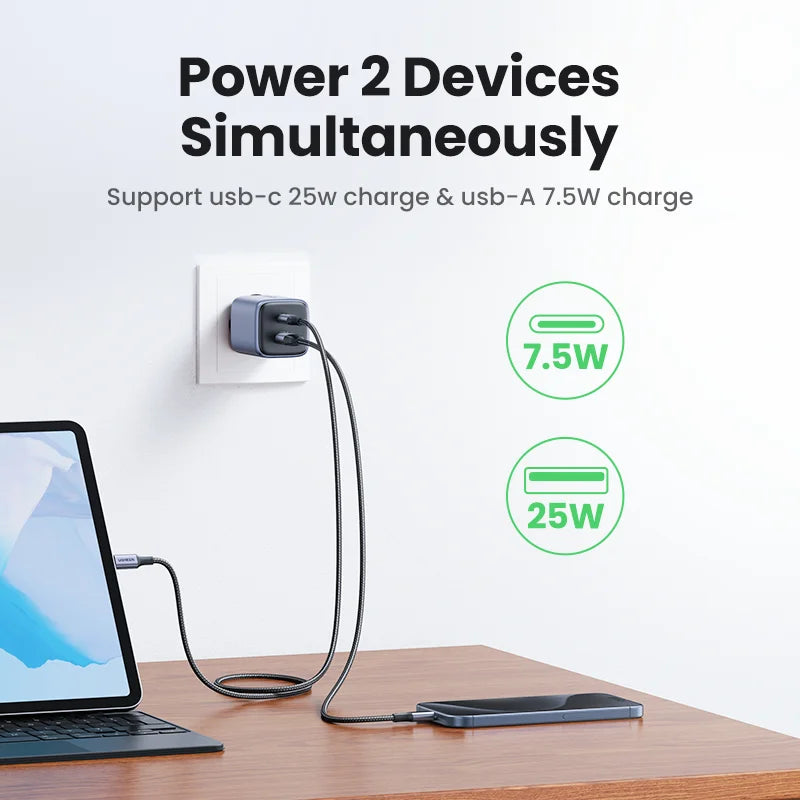 35W GaN USB-C & USB-A Fast Charger for iPhone, Samsung, Xiaomi, iPad Pro - Compact Travel Power Adapter