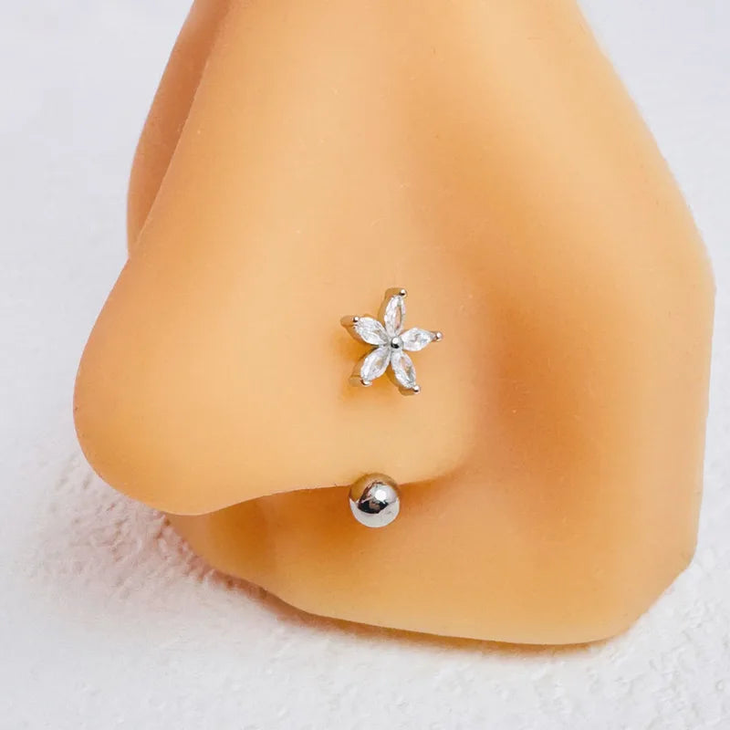 Zircon Flower-Shaped Nose Ring - 14K Gold Plated Stainless Steel Piercing Jewelry for Women
