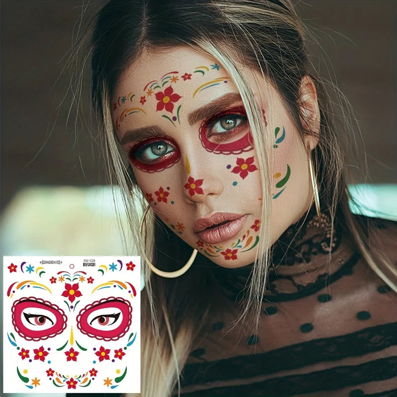 Halloween Temporary Tattoos Sticker Set Waterproof Skull & Day Of The Dead Designs