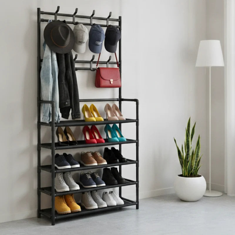 Modular Shoe Rack with 5 Shelves and 8 Hangers - Black & White Home Organizer