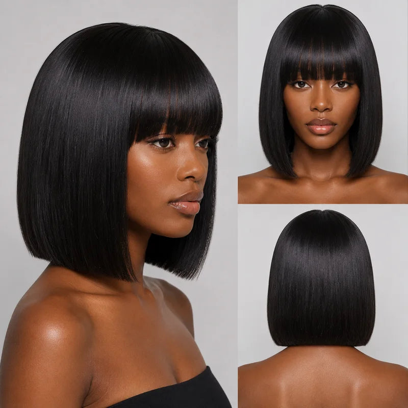 Short Bob Human Hair Wig with Bangs & Lace Middle Part - Natural Black