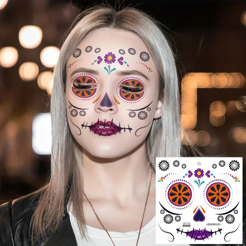 Halloween Temporary Tattoos Sticker Set Waterproof Skull & Day Of The Dead Designs