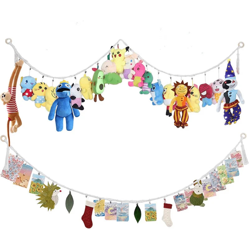 Cotton Toy Display Chain with Metal Clips - Wall Organizer for Dolls Hats Photos