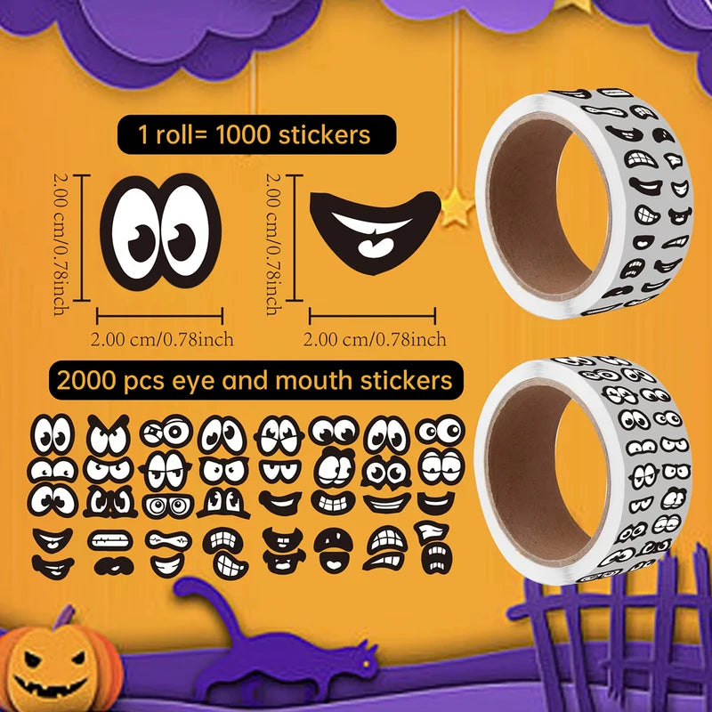 2000 Mini Black Eyes and Mouth Stickers for Halloween Crafts Self-Adhesive Vinyl Labels