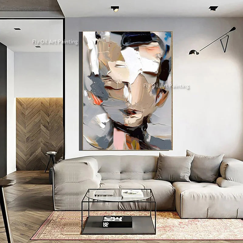 Large Abstract Face Oil Painting Canvas Art - Thick Texture Modern Artwork