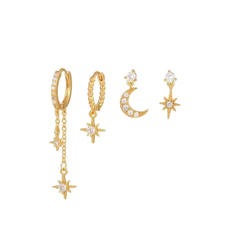 Star Moon Pendant CZ Chain Hoop Earrings for Women - Stainless Steel Jewelry