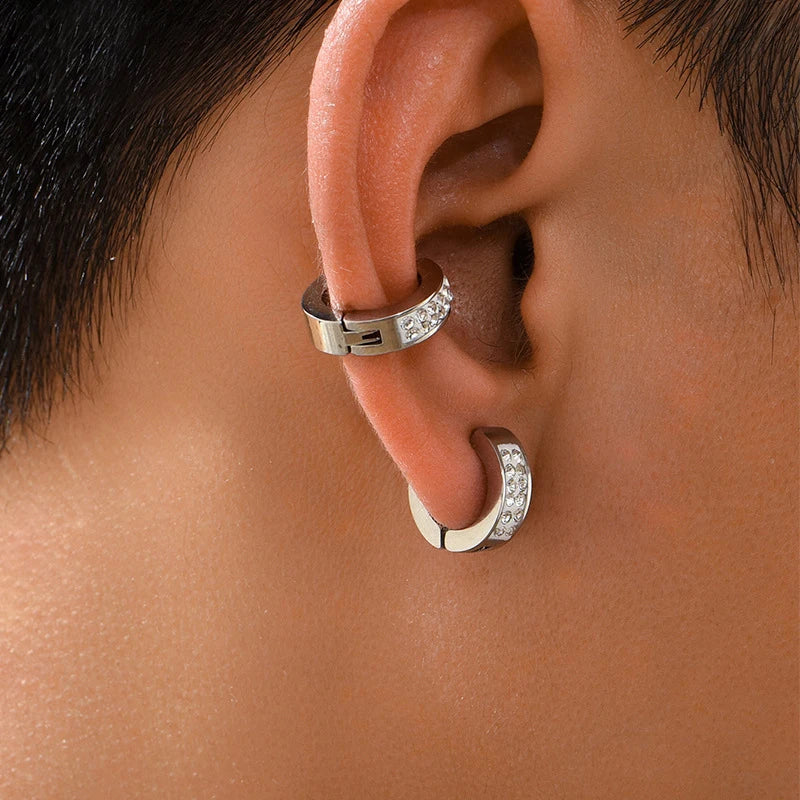 Titanium Steel Double Row Zircon Ear Cuffs - Trendy Stainless Steel Earrings for Men & Women