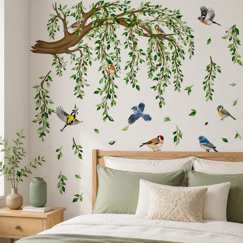 Large Tree Branch Wall Decals with Green Leaves and Colorful Birds - Botanical Nature Wall Decor