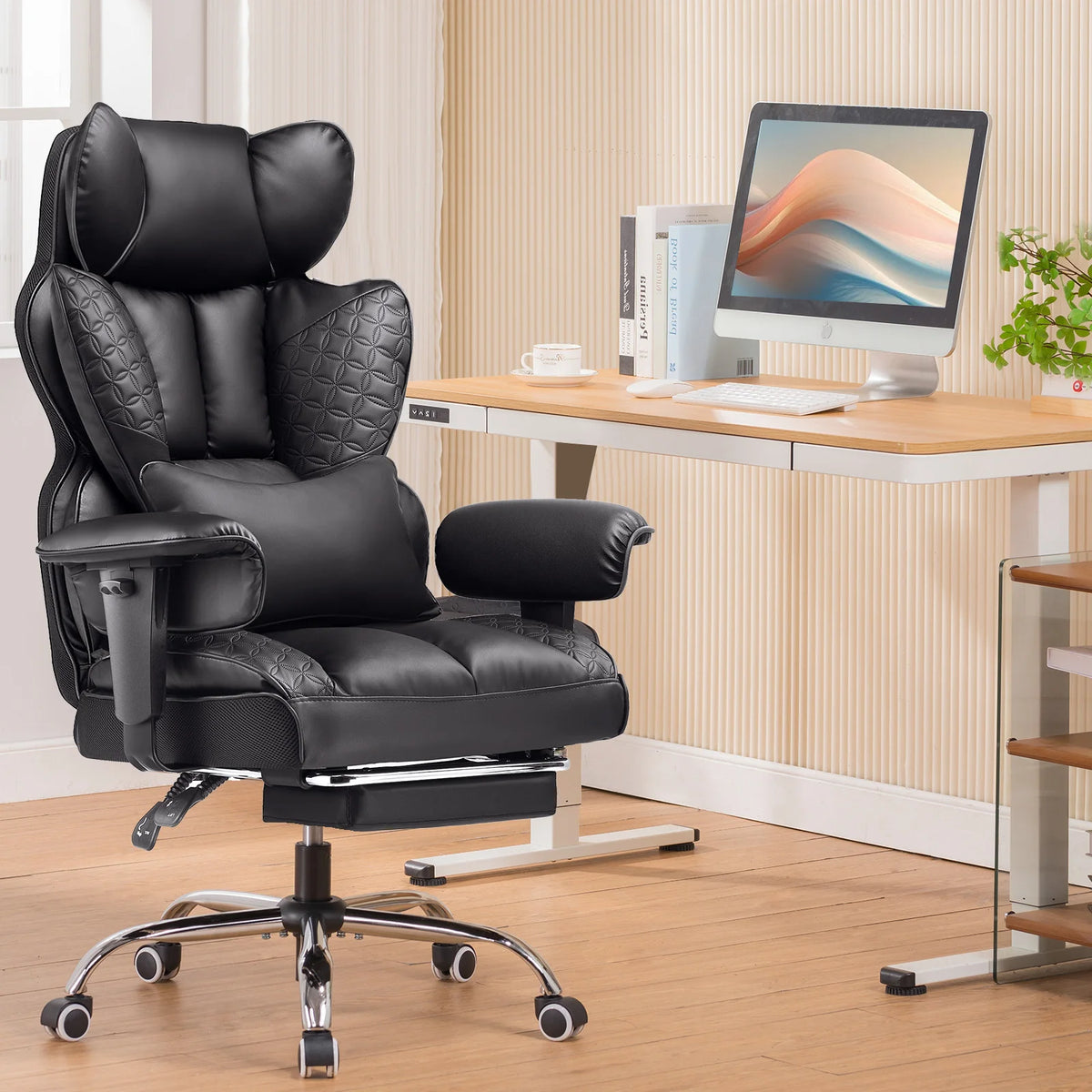 Ergonomic Leather Office Chair with Footrest & Adjustable Armrests