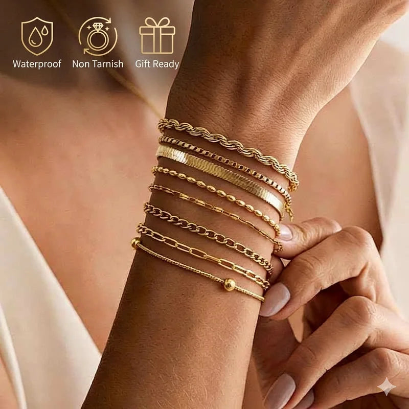 Non Tarnish Gold Plated Stainless Steel Stackable Bracelet for Women, Waterproof, Thin Chain Jewelry
