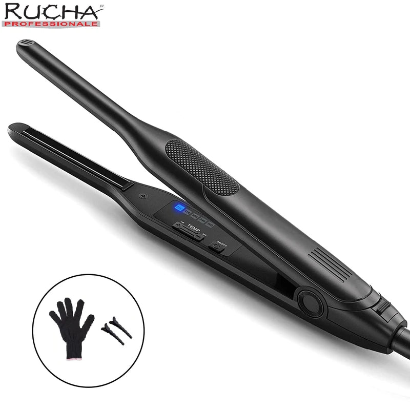 Mini 2-in-1 Hair Curler and Flat Iron with Titanium Plate, LED Display, Compact for Short Hair & Beard Styling
