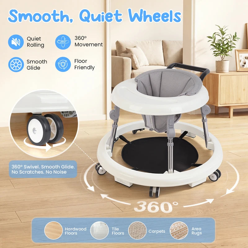 Foldable Baby Walker with Anti-Rollover Safety Base & Adjustable Support Legs