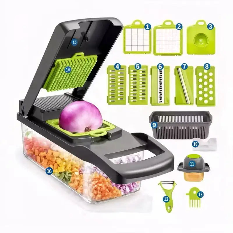 Multipurpose Kitchen Slicer and Food Cutter - 16-in-1 Stainless Steel Vegetable Grater and Chopper
