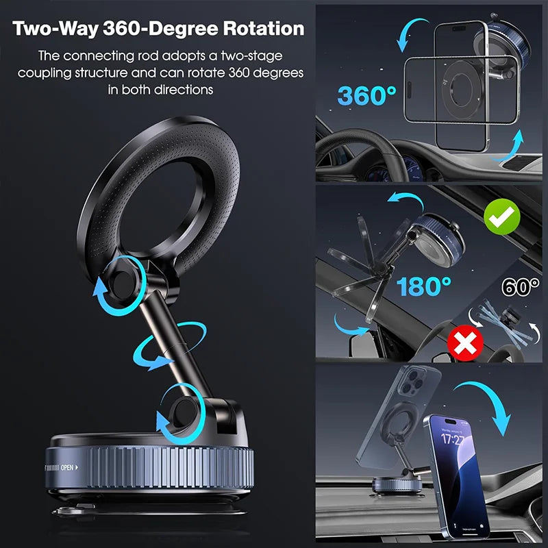 Magnetic Car Phone Holder with 360° Rotation & Vacuum Suction Mount – Universal Dashboard & Windshield Mount
