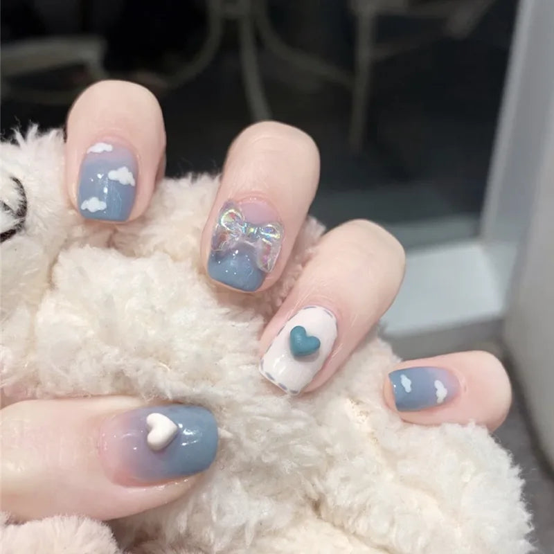 24PCS Fake Nail Art Set with Blue Sequin Design – Full Cover Artificial Nails