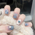 24PCS Fake Nail Art Set with Blue Sequin Design – Full Cover Artificial Nails