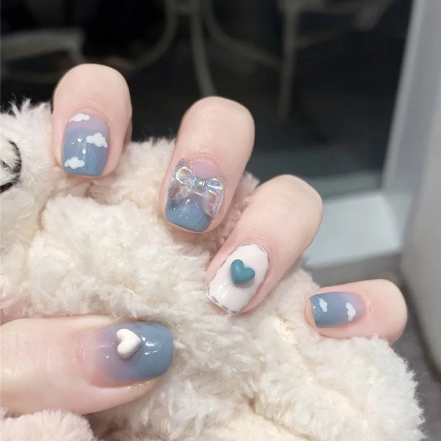 24PCS Fake Nail Art Set with Blue Sequin Design – Full Cover Artificial Nails