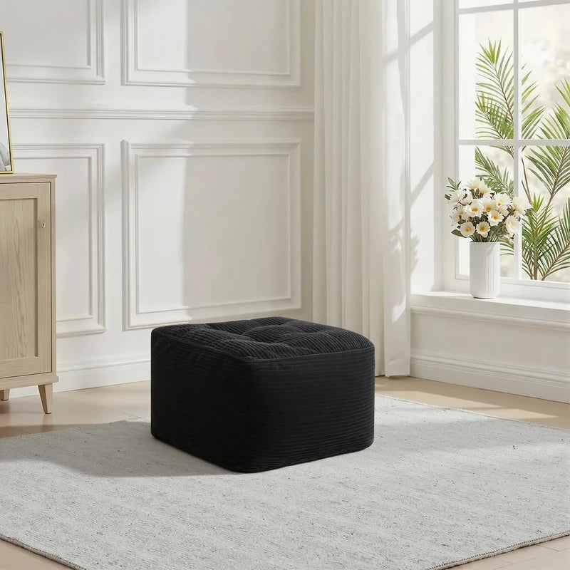 Black Corduroy Square Ottoman Footstool - Tufted Upholstered Footrest for Living Room & Bedroom