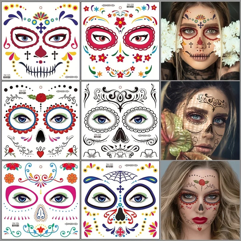 Halloween Temporary Tattoos Sticker Set Waterproof Skull & Day Of The Dead Designs
